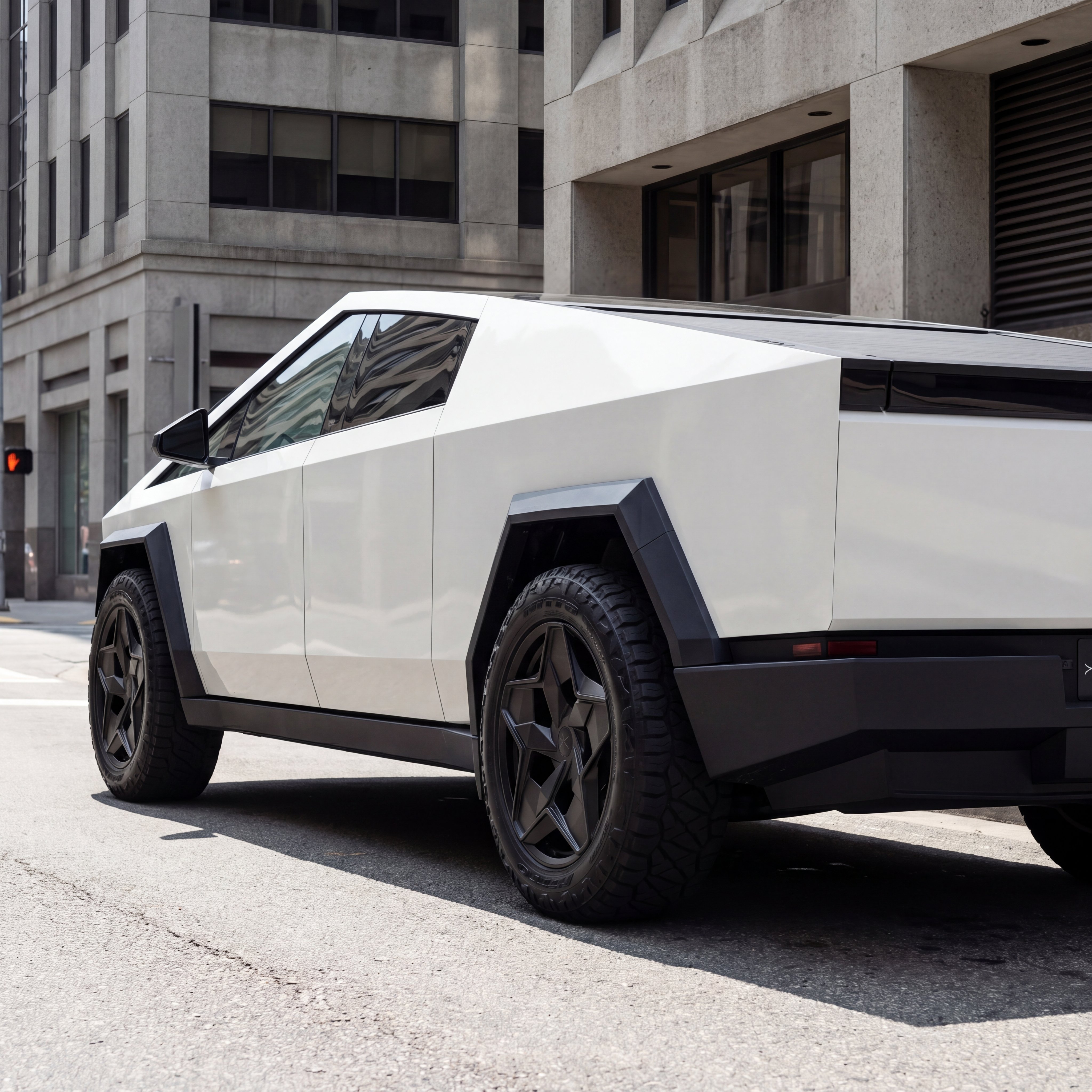 Apex on white Cybertruck in urban street